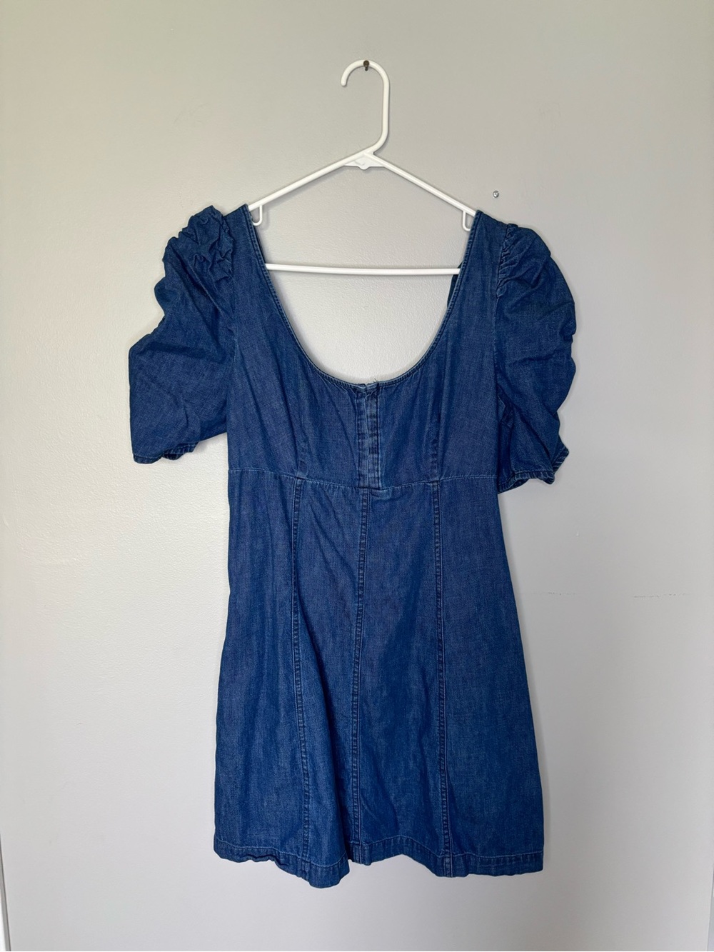 Free People Dark Blue Denim Scoop Neck Dress with Puff Sleeves medium